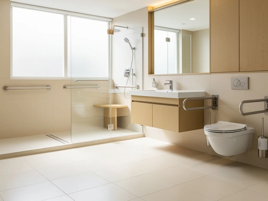 Salle de bain senior claire dessinée pour circuler en fauteuil